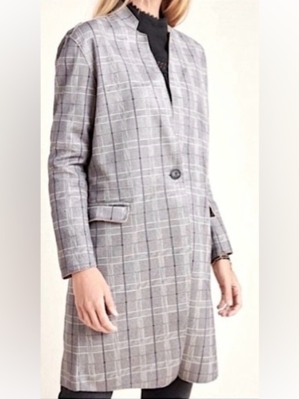 Blank NYC Anthropologie Renegade Faux Suede Plaid Longline Jacket Navy Grey XS
